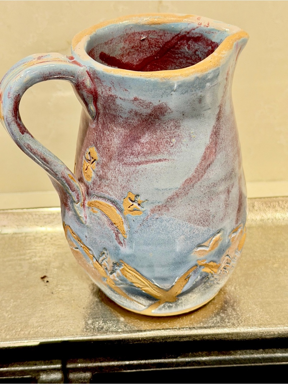 Handcrafted Blue and Maroon Ceramic Pitcher by